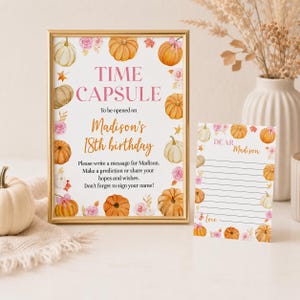 Plantilla editable de cápsula del tiempo de calabaza estilo boho, cápsula del tiempo y tarjetas de primer cumpleaños con temática de calabaza, recuerdo de cumpleaños con lazo rosa, descarga instantánea. P018 imagen 3