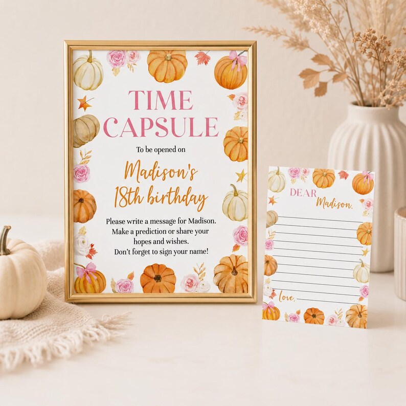 Plantilla editable de cápsula del tiempo de calabaza estilo boho, cápsula del tiempo y tarjetas de primer cumpleaños con temática de calabaza, recuerdo de cumpleaños con lazo rosa, descarga instantánea. P018 imagen 3