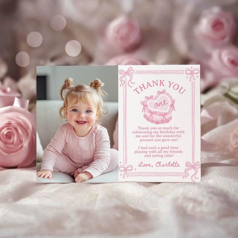 EDITABLE Pink Bow 1st Birthday Thank You Card, Blush Pink Coquette First Birthday Picture Thank You Card, Girl Birthday Party, Printable.