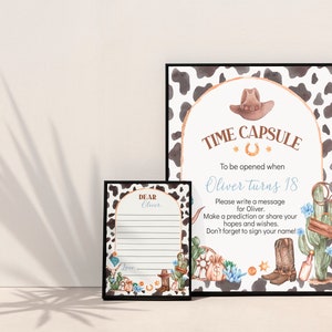 May include: A printable time capsule sign with a cowboy hat, horseshoe, and cactus illustrations. The sign says "Time Capsule" and "To be opened when Oliver turns 18".