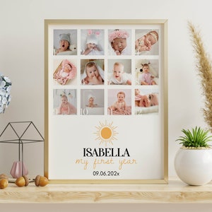 Puede incluir: Un collage impreso enmarcado en oro con doce fotograf&iacute;as individuales de beb&eacute;s numeradas del uno al doce. Debajo de las fotos hay un icono de sol amarillo, el nombre ISABELLA, el texto my first year y la fecha 09.06.202x en negro y amarillo.