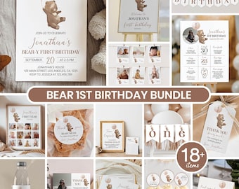 Paquete editable de osos para el primer cumpleaños, conjunto de invitaciones modernas para el primer cumpleaños con temática de osos, paquete de decoración de cumpleaños con temática de osos de peluche, descarga instantánea B009