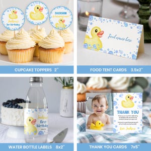 Peut inclure: Un ensemble d'articles de f&ecirc;te illustr&eacute;s de canards en caoutchouc jaunes et de bulles bleues. Comprend des d&eacute;corations pour cupcakes, une carte de table, une &eacute;tiquette de bouteille d'eau et une carte de remerciement avec photo.