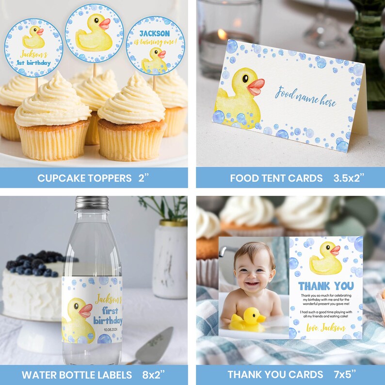 Peut inclure: Un ensemble d'articles de f&ecirc;te illustr&eacute;s de canards en caoutchouc jaunes et de bulles bleues. Comprend des d&eacute;corations pour cupcakes, une carte de table, une &eacute;tiquette de bouteille d'eau et une carte de remerciement avec photo.