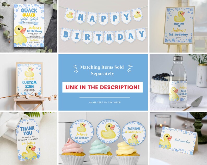 K&ouml;nnte beinhalten: Ein Set druckbarer Partydekorationen f&uuml;r einen ersten Geburtstag mit einem Gummiente-Thema. Das Set beinhaltet ein Willkommenszeichen, ein Banner, einen Cupcake-Topper, ein Wasserflaschenetikett, ein Dankesch&ouml;n-Etikett und ein individuelles Schild. Die Dekorationen sind blau und gelb mit einem Aquarell-Effekt.