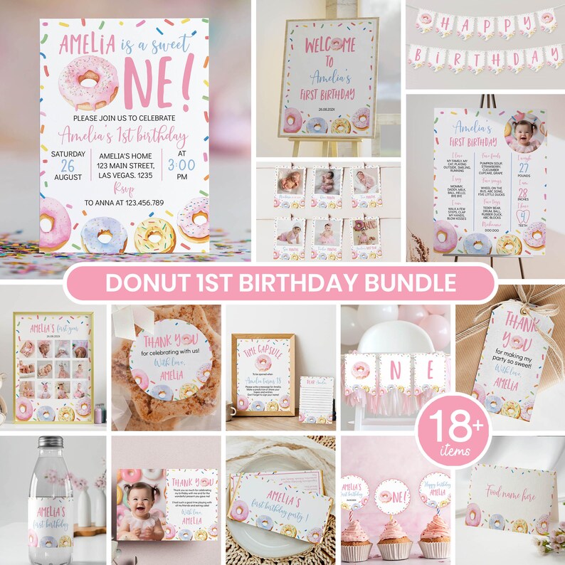 May include: A donut-themed first birthday party decoration bundle featuring invitations, welcome signs, photo banners, thank you tags, cupcake toppers, and food labels. The set includes pastel-colored donut graphics, sprinkles, and text.