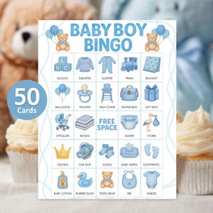 Tarjetas de bingo para baby shower de niño, juego de bingo para baby shower de niño, divertida actividad imprimible para baby shower, juego de osito de peluche para niño, descarga instantánea.
