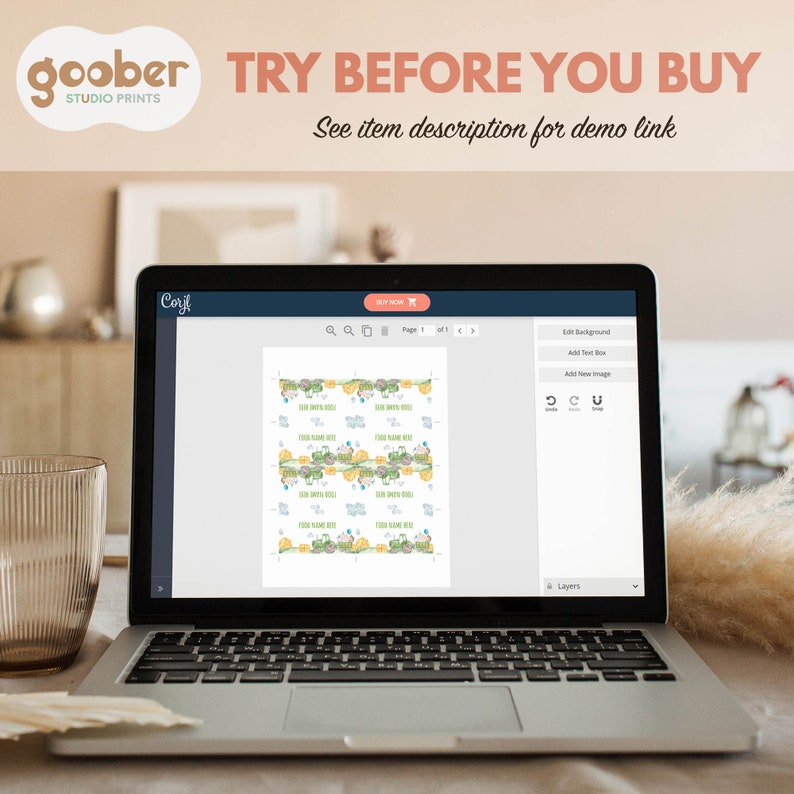 May include: A laptop screen displaying a digital design template for printable labels. The design features a green, yellow, and blue pattern with the text "YOUR NAME HERE" repeated throughout. The design is displayed on a white background. The text "TRY BEFORE YOU BUY" is displayed at the top of the screen.