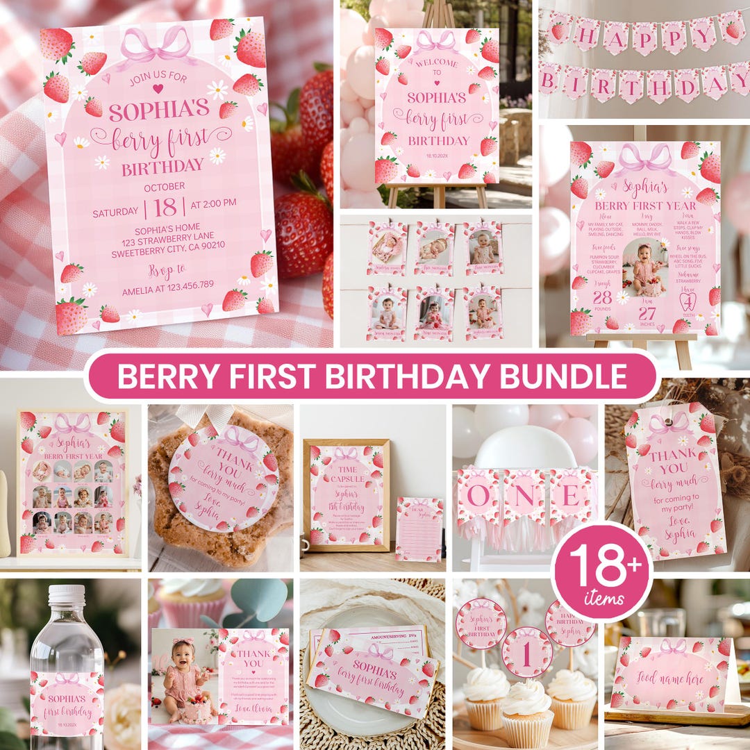 Editable Berry First Birthday Bundle | Strawberry First Birthday Party ...