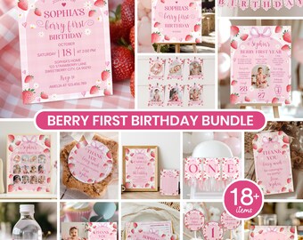 May include: A berry-themed first birthday party decoration bundle featuring pink and white gingham patterns, strawberry illustrations, and daisy accents. The set includes invitations, banners, milestone boards, thank you tags, and cupcake toppers.