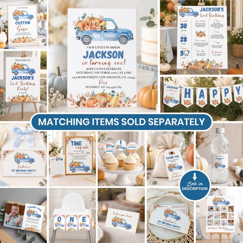 May include: A collection of party stationery and decorations featuring a blue truck and pumpkin theme for a first birthday. Items include invitations, milestone signs, banners, cupcake toppers, favor tags, and water bottle labels with blue text.