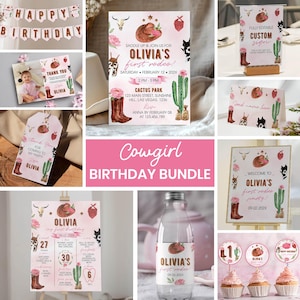 Cowgirl First Rodeo Birthday Bundle, Pink Western 1st Birthday Party Set, Editable Printable Decor, Girl&#39;s Rodeo Theme Template. #R007