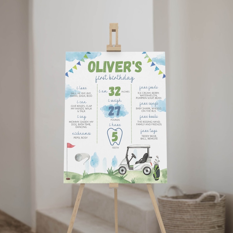 May include: A blue and green illustrated poster for a first birthday party. The poster features a golf cart, a golf ball, and a tooth. The poster includes the name Oliver and the text "first birthday". The poster also includes the child's age, height, weight, and number of teeth.