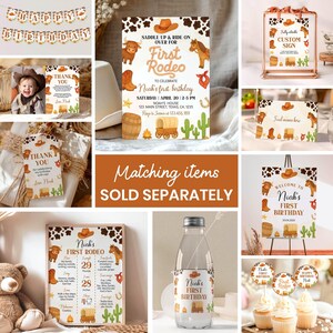May include: A collection of western-themed party supplies featuring cow print and cowboy motifs, including a birthday banner, invitation, thank you cards, welcome signs, milestone poster, water bottle label, and cupcake toppers with brown and tan colors.