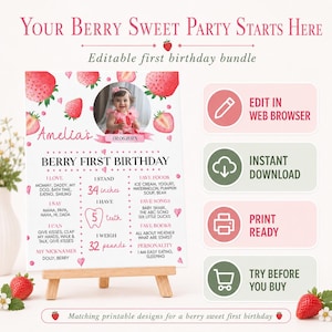 Strawberry First Birthday Party Bundle, Editable Girl 1st Birthday Decor, Sweet One Theme, Berry First Birthday Invitation Set Template S008 image 2
