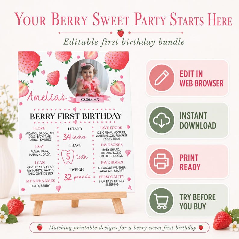 Strawberry First Birthday Party Bundle, Editable Girl 1st Birthday Decor, Sweet One Theme, Berry First Birthday Invitation Set Template S008 image 2