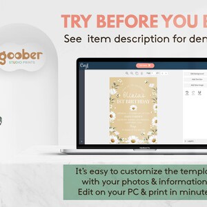 May include: A laptop displays a customizable birthday invitation template. The design features daisies and the text "Olivia's 1st Birthday." The image includes the text "Try before you buy!" and "It's easy to customize the template with your photos & information."