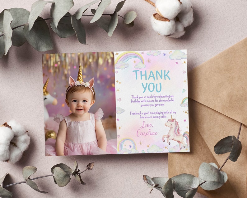 EDITABLE Unicorn 1st Birthday Thank You Card, Girl First Birthday Picture Thank You Card, Pink Unicorn Birthday Party, Printable Card. U004