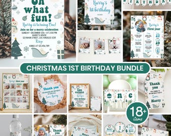 Weihnachts-Paket für den 1. Geburtstag | Party-Set „Was für ein Spaß“ für den ersten Geburtstag | Bearbeitbare Winter-Geburtstagsvorlagen | Sofort-Download. HC02