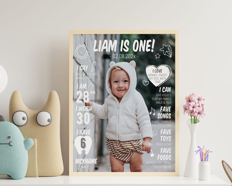 May include: A rectangular framed milestone poster featuring a photograph of a toddler in a white hooded jacket and striped shorts. The text reads LIAM IS ONE, 02.08.202x, I SAY, I AM 28 inches, I WEIGH 30 pounds, I HAVE 6 teeth, I LOVE, I CAN, FAVE SONGS, FAVE TOYS, FAVE FOODS, NICKNAME.