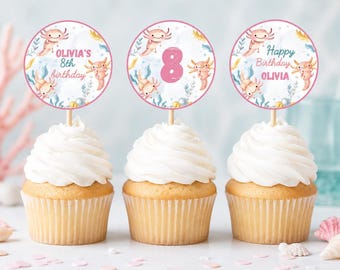 Editable Axolotl Birthday Cupcake Toppers, Axolotl Birthday Party Decoration, Cute Axolotl Birthday Party Topper, Printable Template. A009