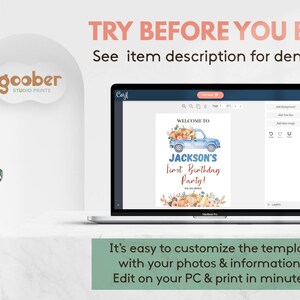 May include: A laptop screen displaying a digital birthday party invitation template featuring a blue truck carrying pumpkins, with the text WELCOME TO JACKSON'S first Birthday Party! 10.10.2024. The screen shows editing tools and a demo link prompt.