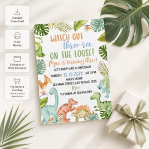 May include: A rectangular birthday invitation card featuring watercolor illustrations of various dinosaurs and tropical leaves. The text reads: WATCH OUT three-rex ON THE LOOSE! Max is turning three! LET'S PARTY LIKE A DINOSAUR SUNDAY 15.10.202X AT 3 PM.