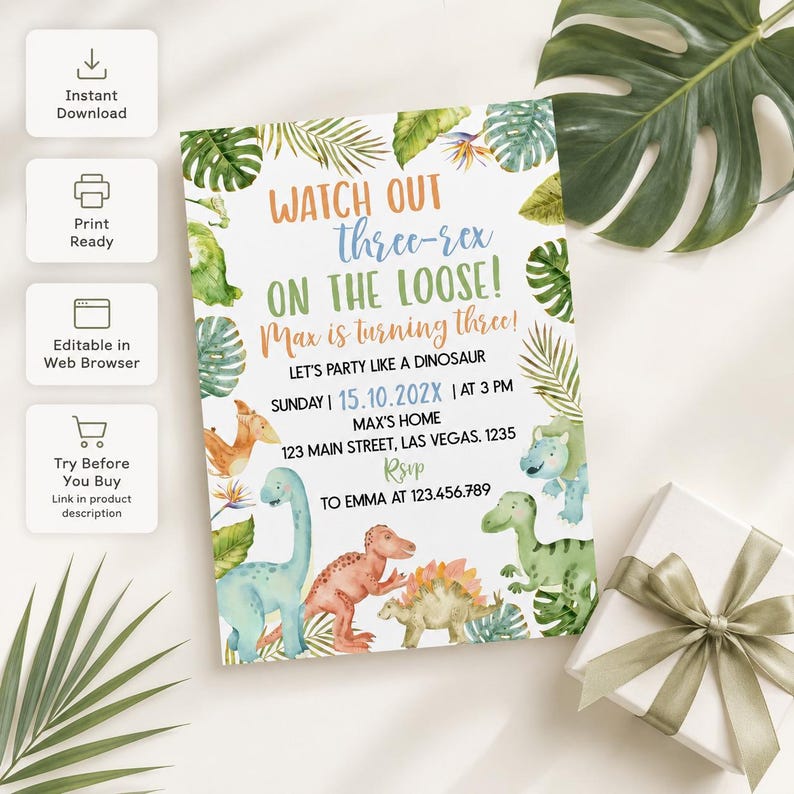May include: A rectangular birthday invitation card featuring watercolor illustrations of various dinosaurs and tropical leaves. The text reads: WATCH OUT three-rex ON THE LOOSE! Max is turning three! LET'S PARTY LIKE A DINOSAUR SUNDAY 15.10.202X AT 3 PM.