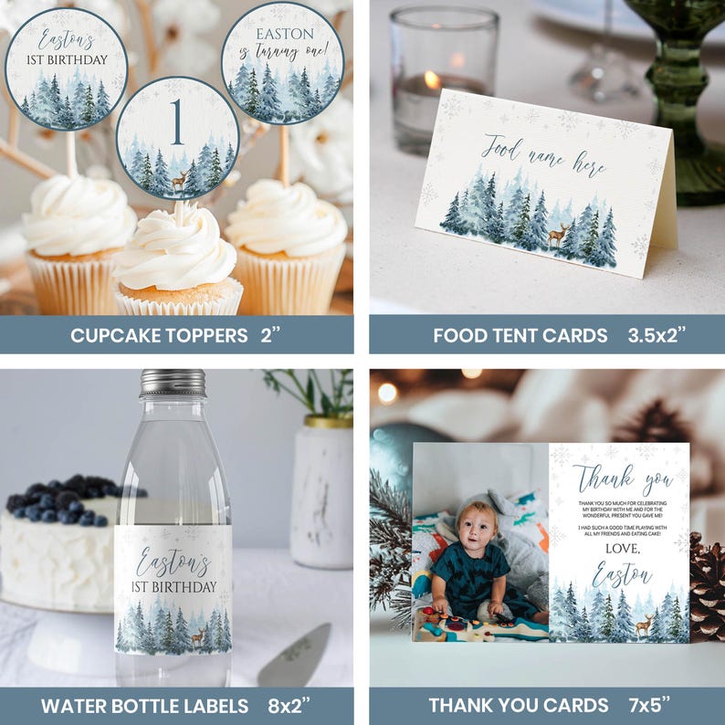 Winter Onederland Einladung Bundle, Winter 1.Geburtstag Dekor Kit, Winter Waldland Hirsch Geburtstagsparty Paket, Sofort Download. W006 Bild 4