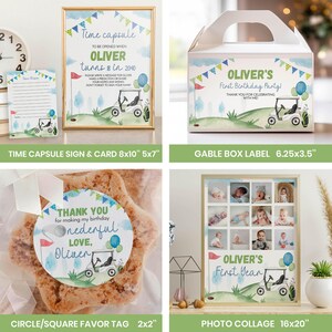 May include: A golf-themed party set featuring a time capsule sign and card, a gable box label, a circular favor tag on a cookie, and a photo collage. Each item displays a golf cart, balloons, and bunting with text for Oliver.