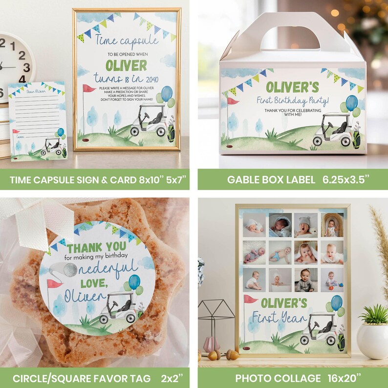 May include: A golf-themed party set featuring a time capsule sign and card, a gable box label, a circular favor tag on a cookie, and a photo collage. Each item displays a golf cart, balloons, and bunting with text for Oliver.