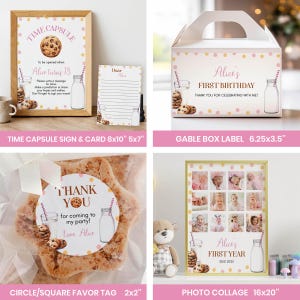 May include: A set of printable party decorations for a first birthday party with a milk and cookies theme. The set includes a time capsule sign, a gable box label, a favor tag, and a photo collage. The decorations feature a pink and gold color scheme with polka dots and milk bottles.
