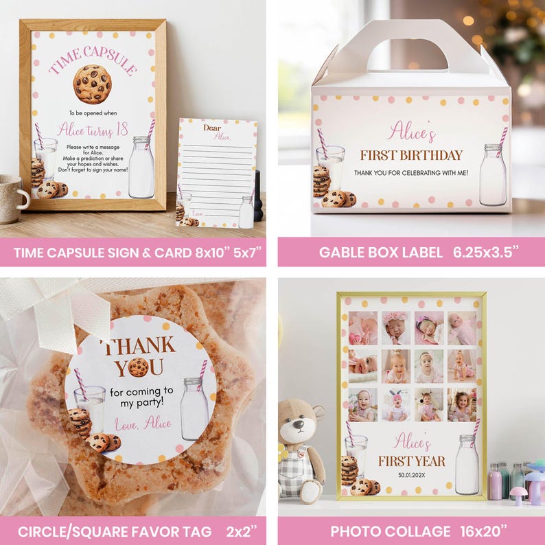 May include: A set of printable party decorations for a first birthday party with a milk and cookies theme. The set includes a time capsule sign, a gable box label, a favor tag, and a photo collage. The decorations feature a pink and gold color scheme with polka dots and milk bottles.
