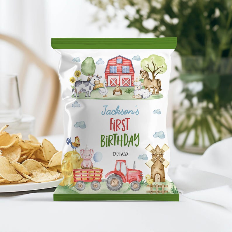 May include: A white snack bag with green top and bottom borders featuring watercolor farm illustrations including a red barn, a tractor, a windmill, and various farm animals. The text reads Jackson's FIRST BIRTHDAY and 10.01.202X.