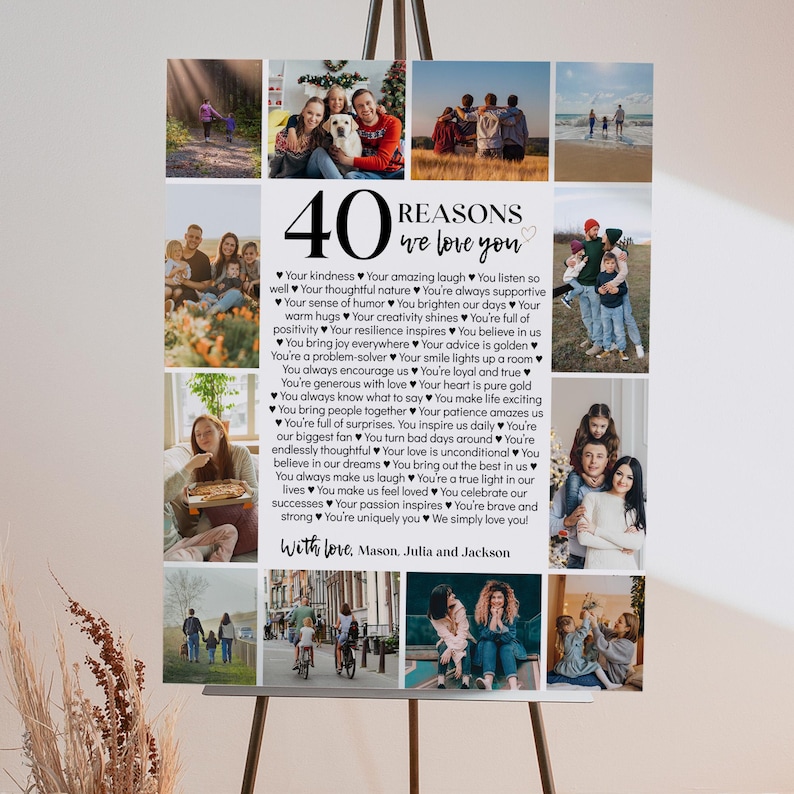 May include: A collage of photos with a list of 40 reasons to love someone. The text reads "40 Reasons We Love You" and includes phrases like "Your kindness", "Your amazing laugh", "Your thoughtful nature", and "You're always supportive". The collage is surrounded by a white border and the text is in black.