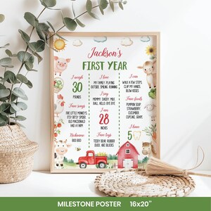 Puede incluir: Un p&oacute;ster de hitos de 16x20 pulgadas titulado Jackson's First Year, con animales de granja en acuarela, un cami&oacute;n rojo y un granero. El p&oacute;ster incluye secciones para peso, altura, comidas, canciones y juguetes favoritos sobre un fondo blanco.