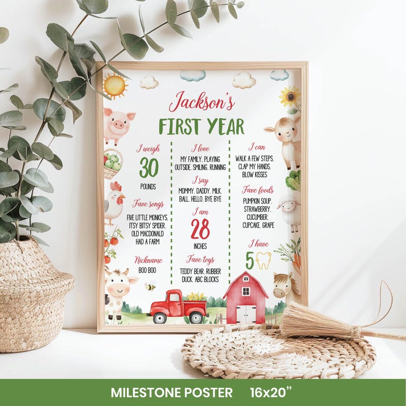 Puede incluir: Un p&oacute;ster de hitos de 16x20 pulgadas titulado Jackson's First Year, con animales de granja en acuarela, un cami&oacute;n rojo y un granero. El p&oacute;ster incluye secciones para peso, altura, comidas, canciones y juguetes favoritos sobre un fondo blanco.