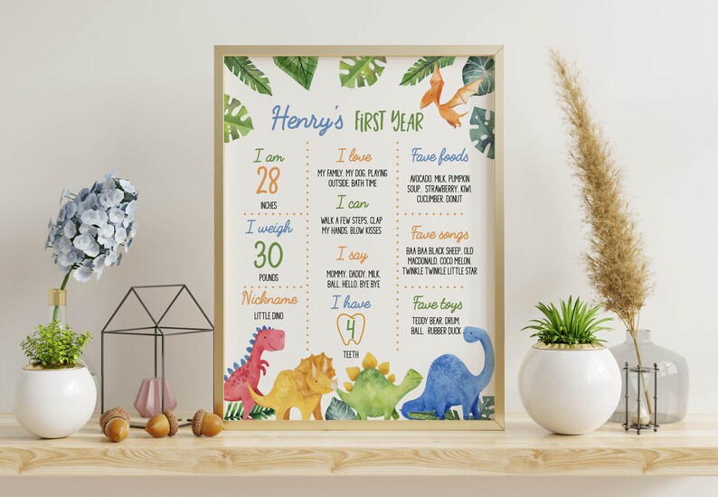 May include: A rectangular framed poster titled Henry's First Year featuring watercolor dinosaur illustrations and tropical leaves. The text lists milestones including 28 inches, 30 pounds, 4 teeth, favorite foods, songs, and toys in colorful fonts.