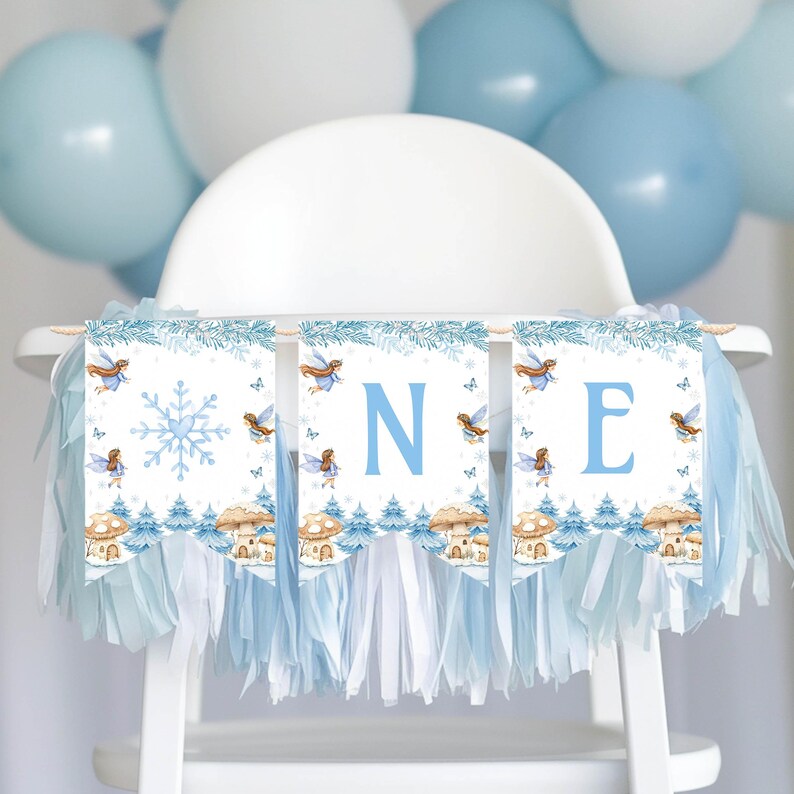Winter Fairy Wonderland High Chair Banner | Editable Fairy Birthday Decoration | Winter Onederland Party Printable