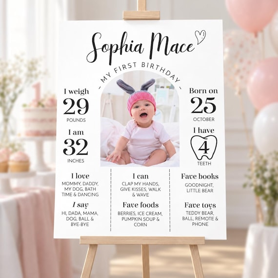 EDITABLE First Birthday Milestone Sign, Modern 1st Birthday Milestone Poster, One Year Photo Baby Milestone Board, Printable Template. #M004