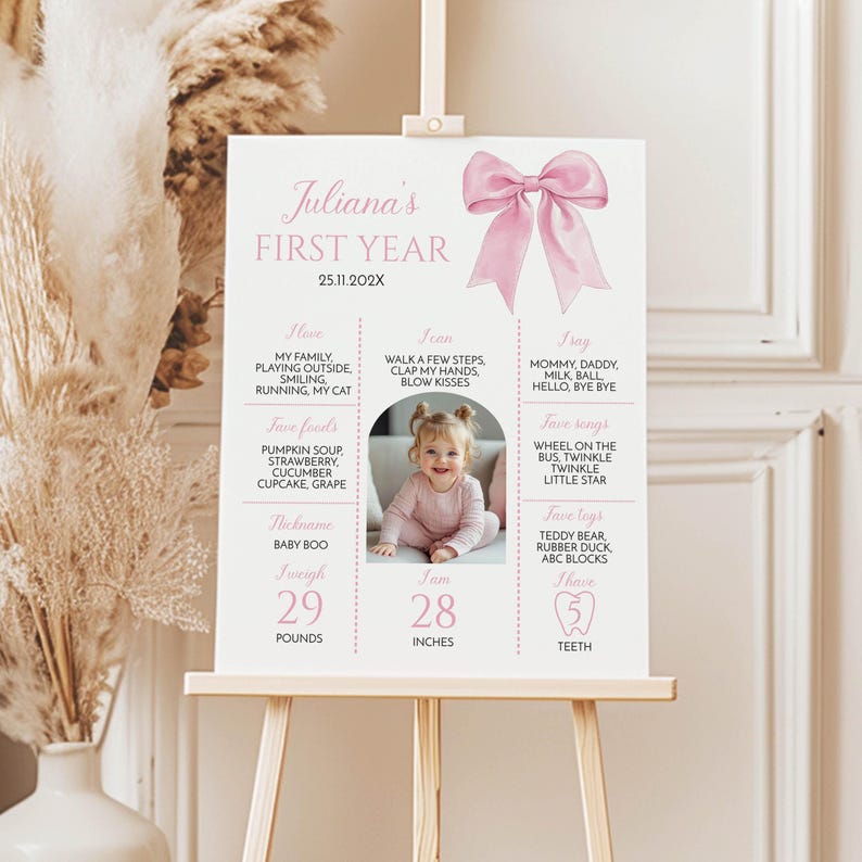 EDITABLE Pink Bow 1st Birthday Milestone Photo Sign, Pink Party Decor Milestone Poster, Girl 1st Birthday Sign, Printable Milestone