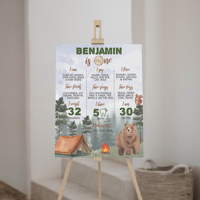 Camping First Birthday Milestone Poster, One Happy Camper Birthday Milestone, Woodland 1st Birthday Milestone Board, Printable Template C006