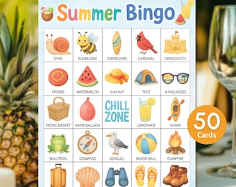 Summer Bingo Game Printable, 50 Bingo Cards Set, Fun Summer Party Game for Kids, Great Summer Camp or Birthday Game, Instant Download