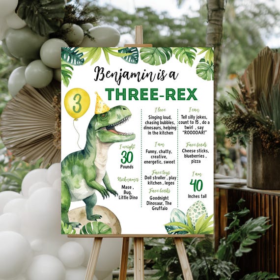 Dinosaur Milestone Sign, Three Rex Party Sign, Boy 3rd Birthday Decor, Any Age, Printable Template. D002