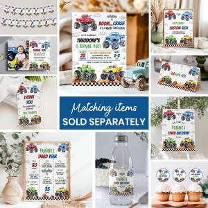 May include: Monster truck themed birthday party printable set with invitations, thank you cards, welcome sign, cupcake toppers, water bottle labels, and a sign with a list of activities. The colors are blue, green, red, and black.