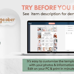 May include: A laptop screen displaying a customizable baby milestone photo collage template titled Oliver My First Year. The interface includes text fields for dates and details, surrounded by photo placeholders. Text reads TRY BEFORE YOU BUY!