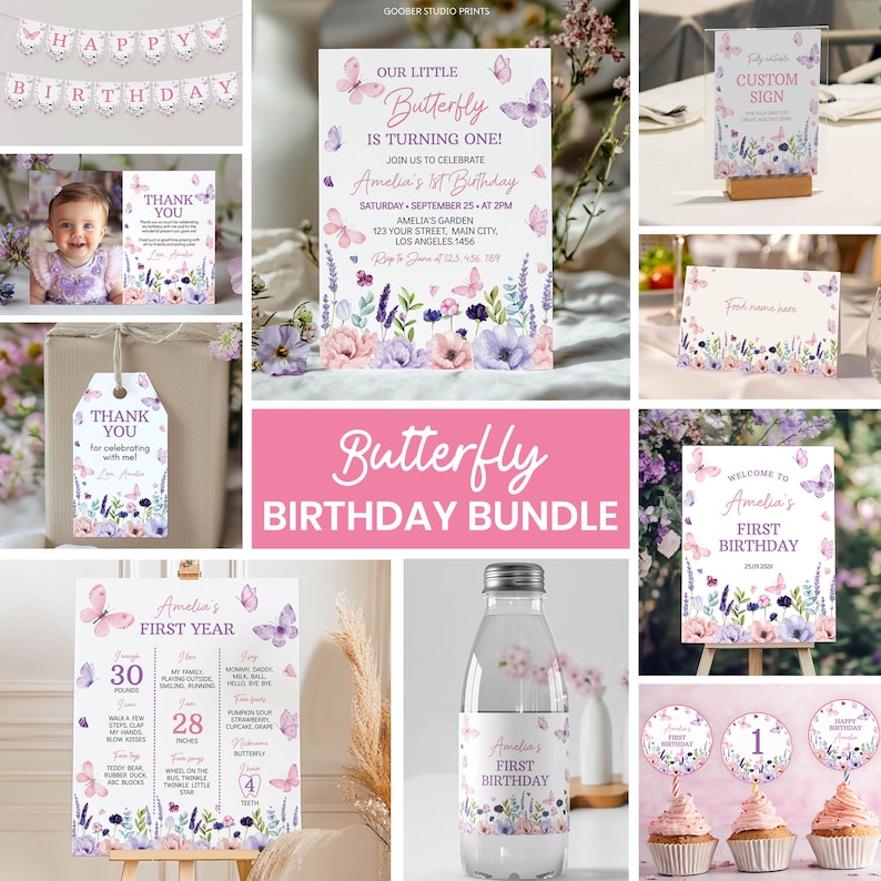 Butterfly Birthday Invitation Bundle, Floral Butterfly 1st Birthday Girl Party Kit, Garden Party Decorations Set, Printable Templates. B021 image 1