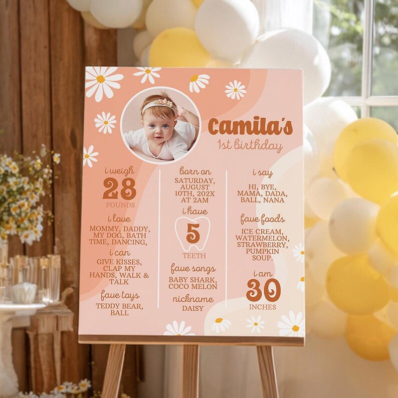 May include: A rectangular birthday milestone sign with a peach and cream wavy background, decorated with white daisy illustrations. It features a circular photo of a baby, the text Camila's 1st birthday, and lists personal details including 12.7 kg and 76.2 cm.