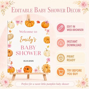 Little Pumpkin Baby Shower Bundle | Fall Autumn Girl Baby Shower Party Decor Games Set | Pink Bow Pumpkin Baby Shower Set Template. P018 image 2