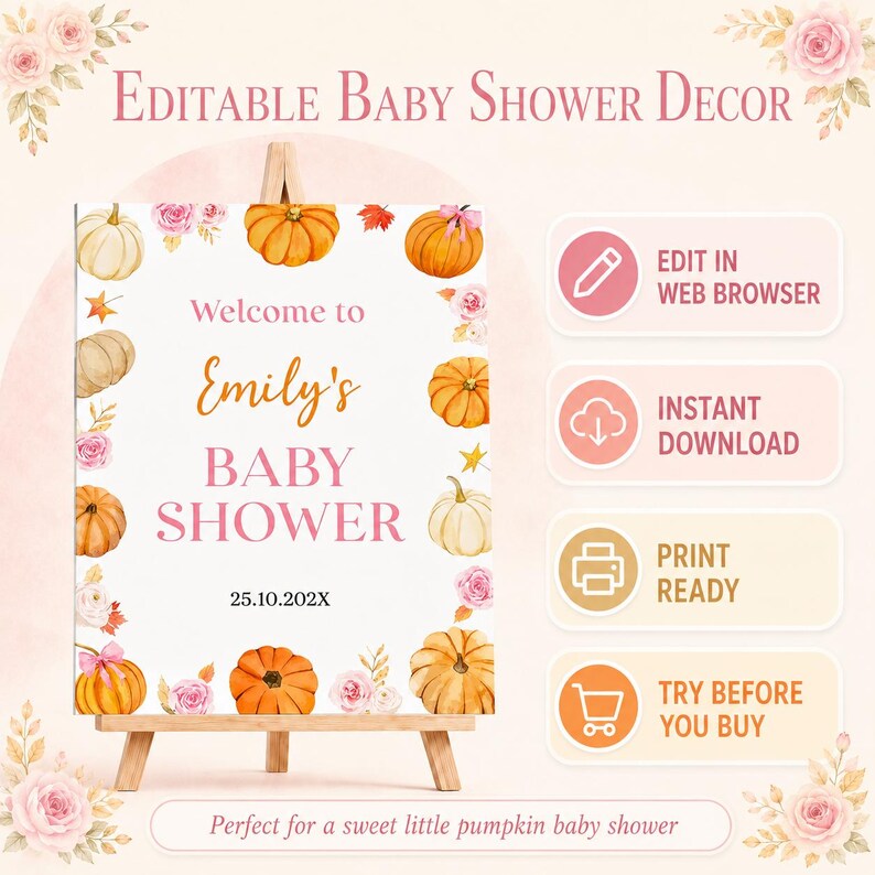 Little Pumpkin Baby Shower Bundle | Fall Autumn Girl Baby Shower Party Decor Games Set | Pink Bow Pumpkin Baby Shower Set Template. P018 image 2